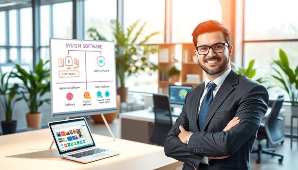 A conceptual illustration of software classification in a modern office environment. In the foreground, a confident business professional, dressed in smart business attire, stands beside a digital whiteboard filled with diagrams illustrating different types of software: system software, application software, utility software, and development software. The middle ground features a sleek desk with a laptop displaying colorful charts and icons representing various software categories. In the background, large windows let in natural light, illuminating the room's contemporary design with plants and tech gadgets. The atmosphere should feel innovative and collaborative, showcasing the intersection of technology and business. Use soft, bright lighting for an optimistic mood, with a wide-angle view to capture the entire setting.