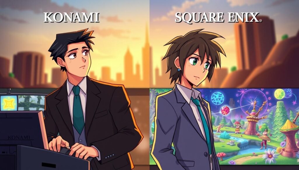 A conceptual illustration representing the creative vision differences between Konami and Square Enix. In the foreground, depict two distinct characters: one dressed in professional business attire symbolizing Konami, looking confidently at a gaming console, while the other, also in business attire, represents Square Enix, gazing thoughtfully at a fantasy landscape filled with vivid colors and game design elements. The middle ground features contrasting game scenes, with darker, realistic tones for Konami and bright, whimsical designs for Square Enix. In the background, a blurred city skyline symbolizes the competitive gaming industry both companies navigate. Use warm lighting to evoke an atmosphere of creativity and ambition. Capture the interaction between the two creative visions with a balanced composition.