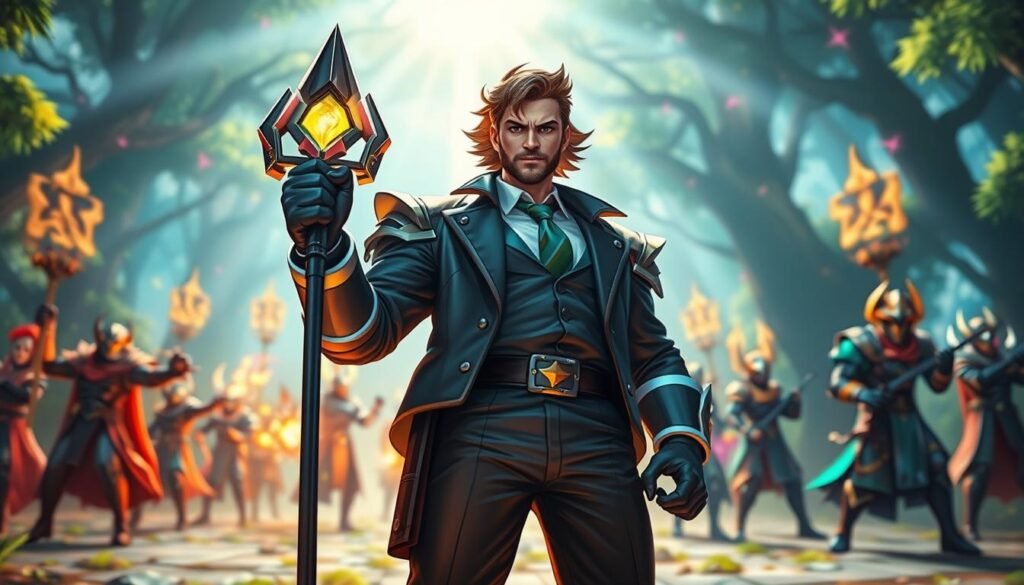 A confident support character in a vibrant fantasy setting, clad in professional gaming attire, stands at the forefront, radiating leadership and strategy. This character has an imposing presence, wielding a staff glowing with magical energy, symbolizing their ability to carry the team. In the background, a dynamic battlefield scene unfolds, featuring various heroes from a multiplayer online battle arena, showcasing synergy and teamwork. The scene is illuminated by a mix of dynamic colors from spell effects and sunlight filtering through a digital forest canopy, creating an uplifting and inspiring atmosphere. The perspective is slightly low-angle, emphasizing the character's importance and strength. The overall mood conveys empowerment, collaboration, and the potential for success through strategic support.