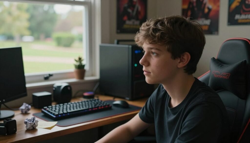 A contemplative teenage boy, around 16 years old, sits in a cozy, softly lit room filled with gaming memorabilia and motivational posters. He has a thoughtful expression, gazing out of a window, reflecting on his journey as a young gamer. In the foreground, close-up on his face, capturing a sense of introspection and the weight of expectations. The middle ground features a cluttered desk with gaming equipment and a few crumpled notes symbolizing the pressures of youth. In the background, a serene view of a peaceful park outside, hinting at the need for mental health awareness. Warm, natural lighting casts gentle shadows, creating a mood of contemplation and vulnerability. The angle is slightly above eye level, offering a sense of intimacy and understanding of the challenges faced by today’s youth.