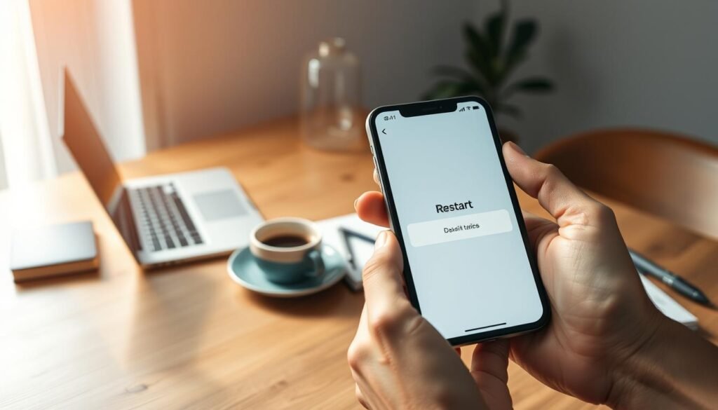 A cozy and modern workspace featuring a close-up of a person's hands gently holding an iPhone, displaying the screen showing a "Restart" option. The foreground captures the iPhone in sharp focus, with the fingers elegantly poised above the screen. In the middle, there’s a wooden desk with a stylish laptop, a steaming cup of coffee, and a notebook scattered with notes. The background features soft, diffused sunlight streaming through a window, casting a warm glow over the scene. The atmosphere is serene and focused, conveying a sense of simplicity and clarity, ideal for highlighting the importance of rebooting devices. Soft shadows add depth to the image, enhancing the overall mood of productivity and calm.