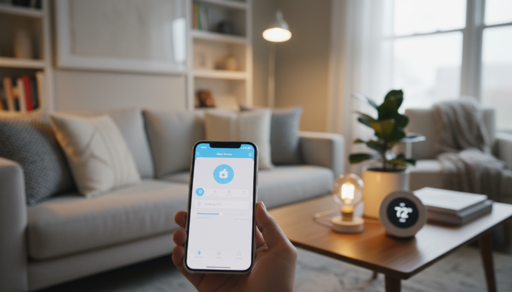 A cozy living room setting designed for HomeKit automation, featuring a stylish setup where soft, warm lighting illuminates a modern, comfortable sofa with neutral-colored cushions. In the foreground, a sleek mobile device displays the Home App interface showing a scene creation screen with customizable lighting settings. The middle ground includes a coffee table adorned with smart home devices like a smart light bulb and a thermostat, with a decorative plant adding a touch of greenery. In the background, a window lets in natural daylight, creating a serene atmosphere. The overall mood is inviting and tech-savvy, reflecting the ease of setting up smart home scenes. Use a shallow depth of field to focus on the device while softly blurring the surrounding elements, enhancing the image's intimate feel.