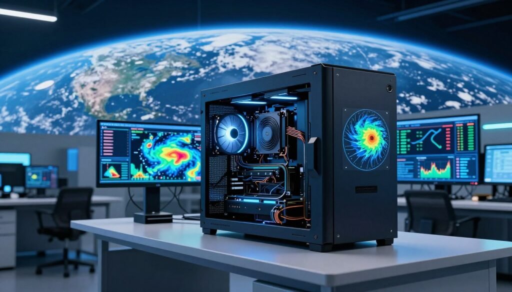 A cutting-edge hybrid CPU-GPU supercomputer, designed for weather prediction, takes center stage in a high-tech environment. The foreground features a sleek, futuristic workstation with glowing components and intricate cooling systems, showcasing the latest in computational technology. In the middle ground, a sophisticated interface displays data visualizations of weather patterns, with bright colored graphs and swirling atmospheric simulations. In the background, large, softly illuminated screens show the Earth from space, highlighting clouds and weather systems. The room is bathed in a cool bluish light, imparting a sense of innovation and precision. Capture this scene from a slight angle, emphasizing the supercomputer's powerful architecture and the ambiance of advanced meteorological research. The atmosphere is one of focus and futuristic promise, evoking a sense of scientific achievement in weather forecasting.