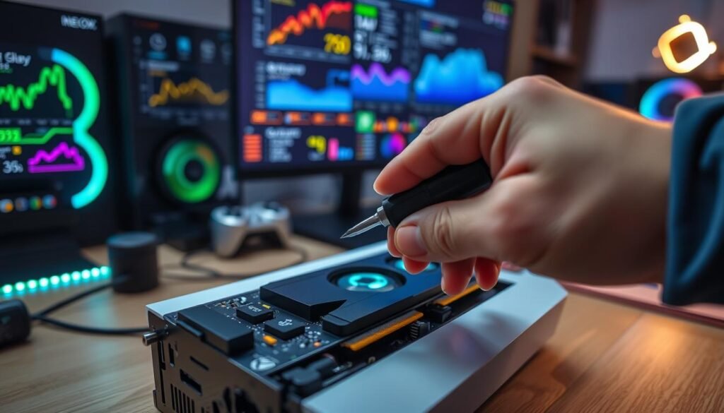A detailed and dynamic workspace featuring a close-up of a gaming setup, focusing on a modern Xbox Series S console with visible RAM and GPU components. In the foreground, a hand holding a screwdriver is depicted making adjustments to the GPU, emphasizing the manual overclocking process. In the background, a high-resolution monitor displays colorful graphs and technical metrics related to performance tuning. Soft LED lights in various colors illuminate the workspace, creating a tech-savvy atmosphere. The angle captures the desk in an organized state, highlighting essential tools for overclocking while maintaining a sense of professionalism. The overall mood is energetic and focused, reflecting the excitement of optimizing gaming hardware.