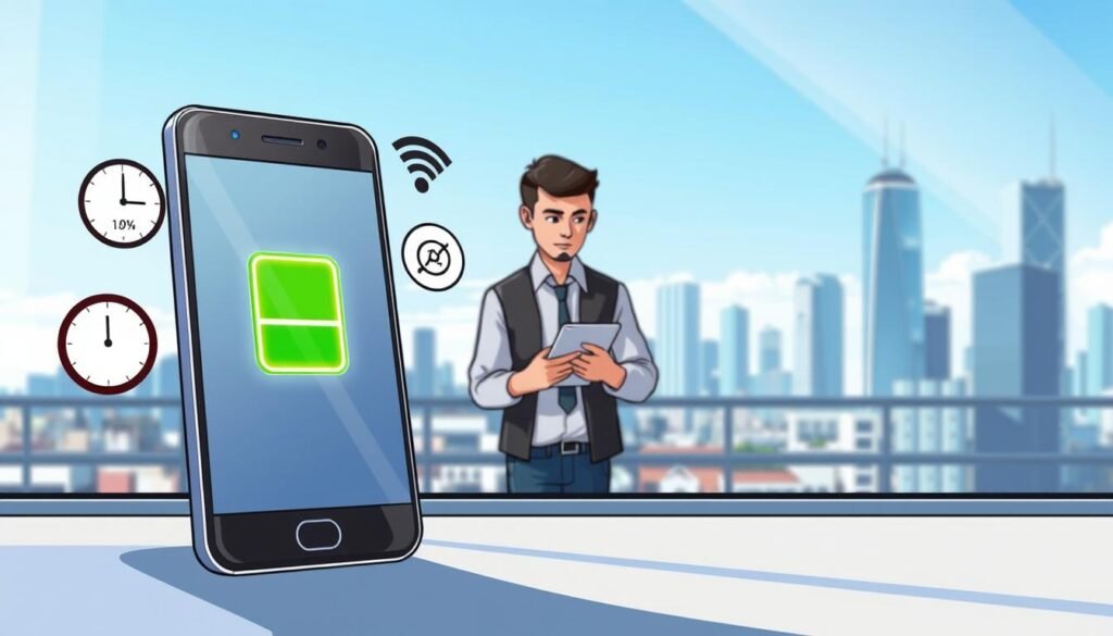 A detailed and engaging illustration of "Factors Affecting Smartphone Battery Life" set in a high-tech environment. In the foreground, showcase a sleek smartphone with an illuminated battery icon, surrounded by a variety of influence factors: a clock representing screen time, a Wi-Fi symbol for connectivity, and an app icon cluster for application usage. The middle ground features a soft-focus view of a business professional in casual attire reviewing phone data on a tablet, emphasizing a real-world context. The background displays a modern city skyline under a clear blue sky, suggesting a bustling daily life. Soft, diffused lighting casts natural shadows, creating an inviting atmosphere. The composition aims to convey the complexity of battery longevity factors in a visually appealing, informative manner. A detailed and engaging illustration of "Factors Affecting Smartphone Battery Life" set in a high-tech environment. In the foreground, showcase a sleek smartphone with an illuminated battery icon, surrounded by a variety of influence factors: a clock representing screen time, a Wi-Fi symbol for connectivity, and an app icon cluster for application usage. The middle ground features a soft-focus view of a business professional in casual attire reviewing phone data on a tablet, emphasizing a real-world context. The background displays a modern city skyline under a clear blue sky, suggesting a bustling daily life. Soft, diffused lighting casts natural shadows, creating an inviting atmosphere. The composition aims to convey the complexity of battery longevity factors in a visually appealing, informative manner.