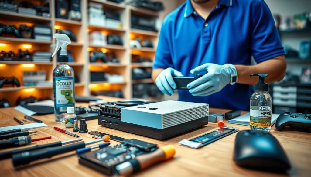 A detailed and professional workspace showcasing care for imported gaming consoles, particularly the Xbox Series S. In the foreground, highlight a well-organized table with a disassembled Xbox Series S, tools like screwdrivers and brushes, and a bottle of cleaning solution for electronics. The middle ground features an expert technician wearing a blue polo and gloves, gently handling the console components. The background is softly blurred, showing shelves filled with gaming accessories and manuals, illuminated by warm overhead lighting, creating a cozy atmosphere. The scene should convey meticulous care and safety while maintaining a clean and organized aesthetic. The angle should be slightly overhead, allowing a clear view of the entire setup, emphasizing a professional and careful approach to console maintenance.