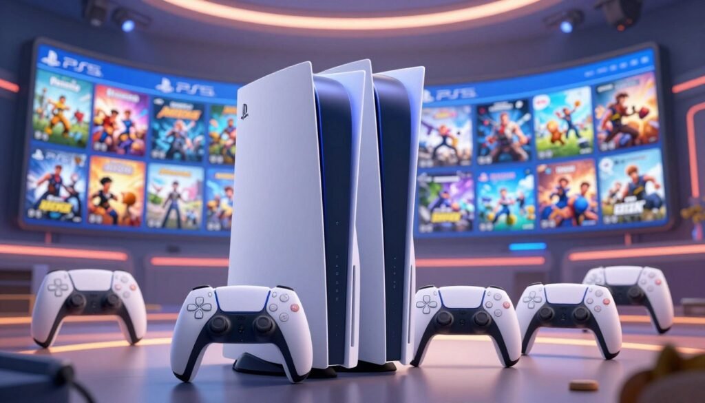 A detailed and visually engaging illustration of the PlayStation 5 console, prominently displayed in the foreground, highlighting its sleek design and innovative features. Surrounding the console, create a dynamic ecosystem of Sony products, including gaming accessories, and a vibrant display of popular PS5 games, artistically arranged to suggest a sense of investment value. In the background, depict a futuristic gaming environment with soft ambient lighting, suggesting excitement and innovation. Use a slightly elevated angle to capture the scene, creating depth and perspective. The mood should feel immersive and tech-savvy, evoking a sense of anticipation for the future of gaming in 2025, with rich colors and a polished finish, ensuring a professional appearance suitable for the article's context.