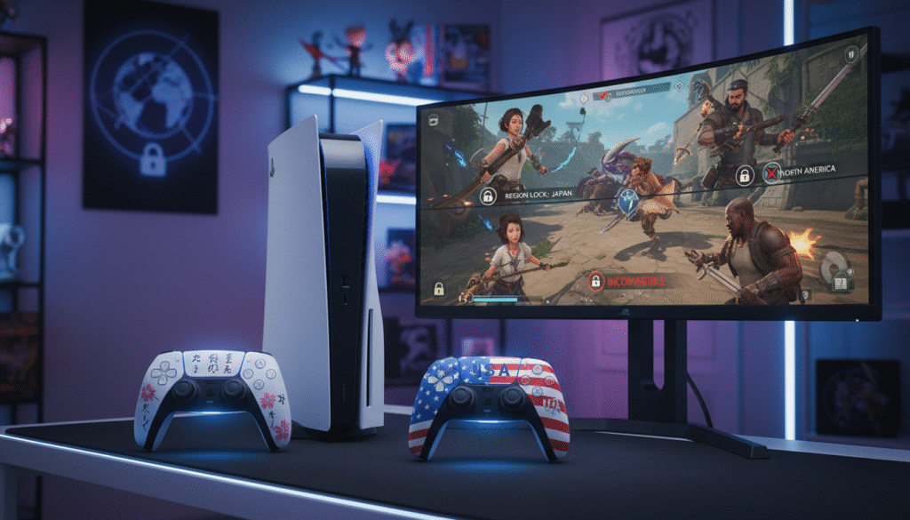 A detailed and visually striking representation of a PlayStation console and game controllers set on a modern gaming desk. In the foreground, a sleek PS5 console, with its distinctive design and glowing lights, is flanked by two controllers—one representing the Japanese design with kanji symbols and the other reflecting the US design. In the middle ground, a vibrant gaming monitor displays an online multiplayer gaming scene, showcasing diverse players engaging in cooperative play. The background features a blurred, stylish gaming room with ambient blue and purple lighting, enhancing a tech-savvy and dynamic atmosphere. The scene captures the excitement and differences of region locks, emphasizing the limitations and challenges faced by gamers. The overall mood is lively and engaging, inviting viewers to consider the implications of region differences in gaming.