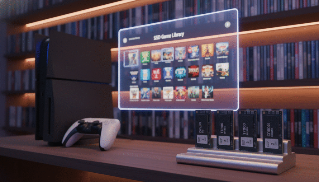 A detailed close-up of a modern gaming setup, featuring a sleek, organized game library with an emphasis on SSD storage options. In the foreground, display multiple SSDs labeled with capacities up to 8TB, showcasing various reputable brands. The middle layer should include a stylish gaming console, elegantly placed near the game library, with a gaming controller beside it. In the background, create a soft-lit shelf filled with a vibrant collection of game cases, suggesting a rich gaming experience. Use warm, inviting lighting and a wide-angle lens to capture depth and dimension. The overall mood should be energetic yet sophisticated, reflecting the excitement of upgrading gaming storage while remaining budget-conscious. A detailed close-up of a modern gaming setup, featuring a sleek, organized game library with an emphasis on SSD storage options. In the foreground, display multiple SSDs labeled with capacities up to 8TB, showcasing various reputable brands. The middle layer should include a stylish gaming console, elegantly placed near the game library, with a gaming controller beside it. In the background, create a soft-lit shelf filled with a vibrant collection of game cases, suggesting a rich gaming experience. Use warm, inviting lighting and a wide-angle lens to capture depth and dimension. The overall mood should be energetic yet sophisticated, reflecting the excitement of upgrading gaming storage while remaining budget-conscious.