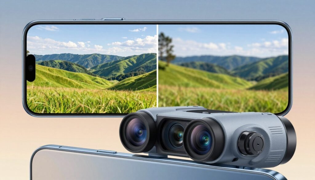 A detailed comparison image illustrating the optical zoom versus digital zoom capabilities of a periscope camera. In the foreground, showcase a sleek smartphone with a visible periscope mechanism and intricate lens details, highlighting the optical components. In the middle ground, create a split scene—one side showcasing a vibrant landscape captured in sharp detail using optical zoom, while the other side displays the same scene slightly blurred from digital zoom. The background should include a subtle gradient to emphasize depth, with soft natural lighting enhancing the colors. The atmosphere should feel modern and high-tech, underscoring the elegance of smartphone camera technology, and avoiding any distractions like text or watermarks. A detailed comparison image illustrating the optical zoom versus digital zoom capabilities of a periscope camera. In the foreground, showcase a sleek smartphone with a visible periscope mechanism and intricate lens details, highlighting the optical components. In the middle ground, create a split scene—one side showcasing a vibrant landscape captured in sharp detail using optical zoom, while the other side displays the same scene slightly blurred from digital zoom. The background should include a subtle gradient to emphasize depth, with soft natural lighting enhancing the colors. The atmosphere should feel modern and high-tech, underscoring the elegance of smartphone camera technology, and avoiding any distractions like text or watermarks.