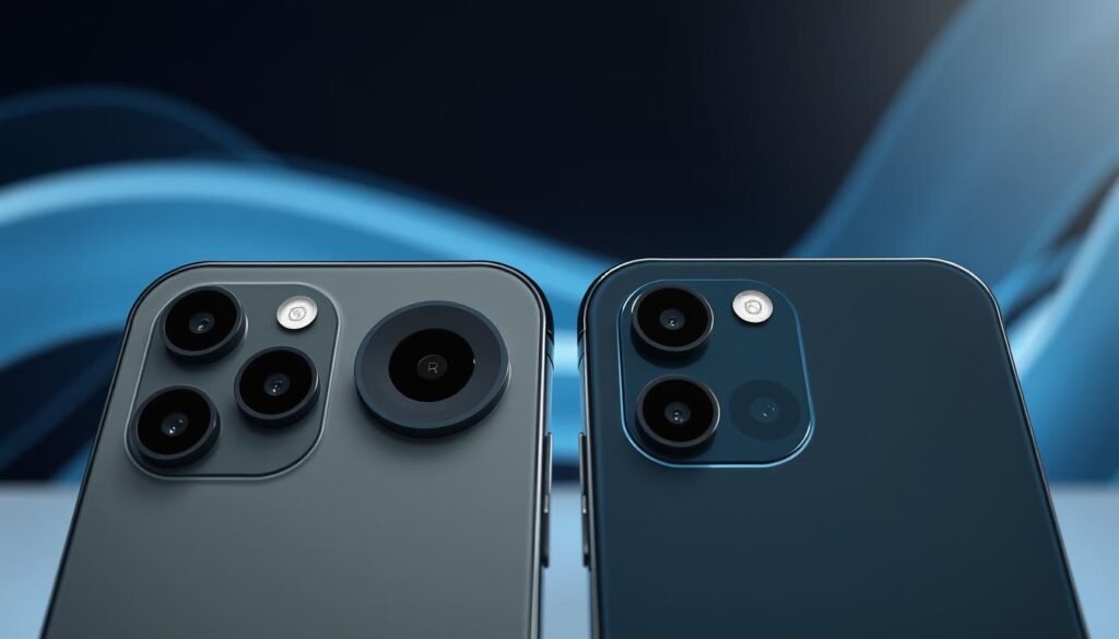 A detailed comparison image of the camera configurations of the iPhone 15 Pro and Galaxy S24 Ultra. In the foreground, showcase the two smartphones side by side, highlighting their camera arrays with emphasis on lenses and sensors. Include close-up details of the lens, flash, and any unique features like the LiDAR sensor on the iPhone. In the middle ground, a simple and stylish tech background with abstract shapes or gradients that evoke a sense of innovation and technology. Use soft, diffused lighting to create a clean, professional look. The atmosphere should feel modern and high-tech, focusing on clarity and precision. No text, symbols, or distractions should be present, allowing the viewer to concentrate on the camera specifications as a key visual element.