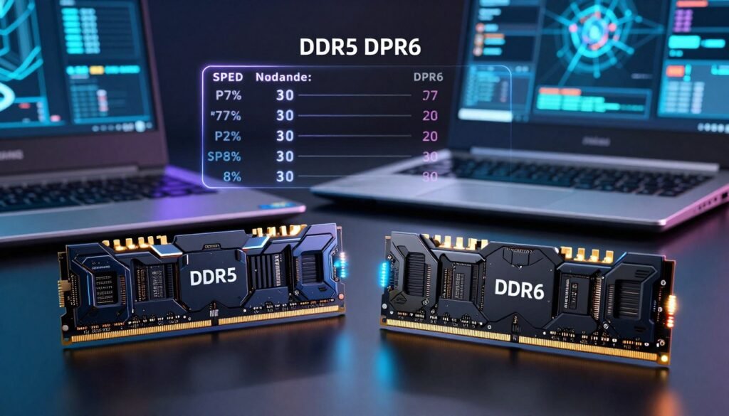 A detailed comparison of DDR5 and DDR6 memory modules in a high-tech setting. In the foreground, two distinct RAM modules labeled DDR5 and DDR6, showcasing their unique designs and specifications. The DDR6 module is slightly larger and has a futuristic appearance with advanced heat spreaders and LED lights. In the middle, a diagram comparing their speeds and bandwidth, highlighted with glowing edges, set against a sleek, glossy background. The background features a blurred image of a gaming laptop displaying high fps graphics, emphasizing speed and performance. The lighting is dramatic and high-contrast, focusing on the RAM modules, creating a modern and tech-savvy atmosphere, ideal for an audience interested in gaming technology advancements.