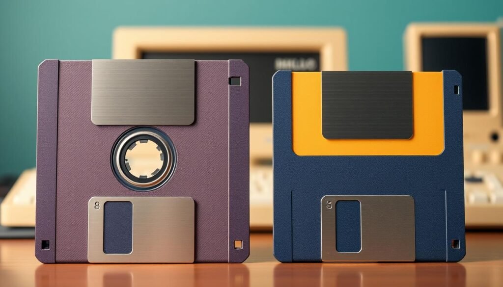 A detailed comparison of floppy disk capacities, featuring two classic floppy disks: an 8-inch floppy disk on the left, juxtaposed with a 3.5-inch floppy disk on the right. The 8-inch disk is large, similar to a dinner plate, with a textured surface and a visible central hole, representing its retro charm. The 3.5-inch disk is smaller, compact, with a sleek design, also highlighted with its plastic casing. In the background, a subtle gradient suggests a vintage computer environment, bathed in warm, nostalgic lighting to evoke a sense of technology from decades past. The image should be well-composed with a slight tilt from above, showcasing the disks’ relative sizes and capacities, capturing the essence of technological evolution.