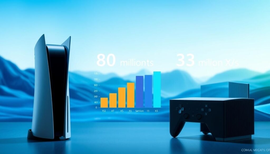 A detailed comparison of the PlayStation 5 and Xbox Series X|S sales, visually represented in an informative layout. In the foreground, place two gaming consoles: the sleek, futuristic PS5 on the left, and the compact, sharp-edged Xbox Series X|S on the right. In the middle ground, incorporate a visually appealing bar graph showing the sales figures, with PS5 at 80 million units and Xbox Series X|S at 33 million units, using contrasting colors for clarity. The background should feature a subtle digital landscape, with soft blue and green hues to create a tech-savvy atmosphere. The lighting should be bright yet soft, highlighting the consoles and data visualization, evoking a sense of excitement and competition in the gaming industry. Use a wide-angle perspective to encompass the entire scene dynamically.