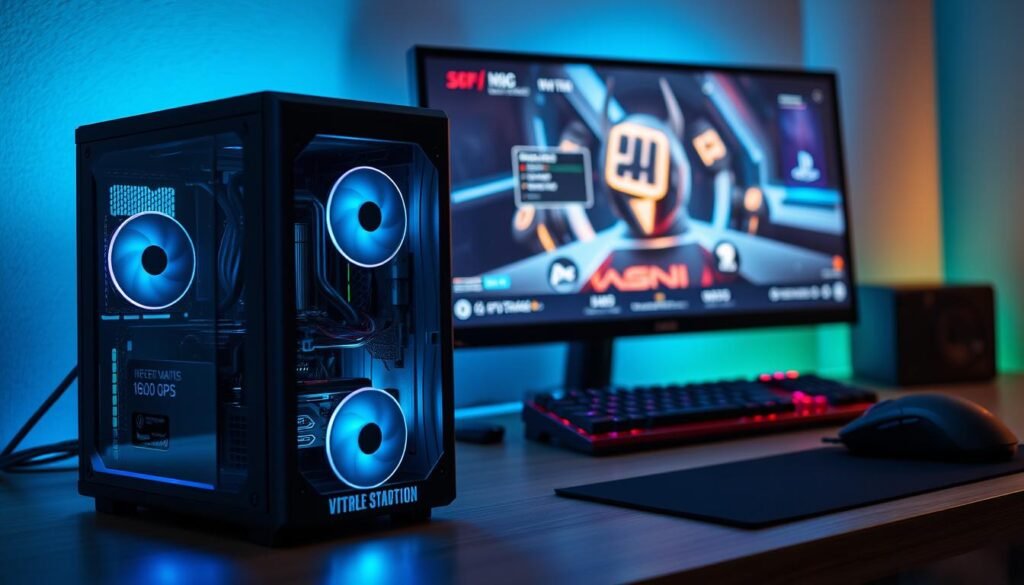 A detailed depiction of a compact mini gaming PC setup, showcasing a mini tower case housing a NAS J4125 motherboard and a low-profile GTX 1650 graphics card. The foreground includes the sleek case with impressive LED lighting effects, highlighting the internal components and their cooling systems. In the middle ground, display a monitor with a vibrant gaming interface reflecting 60fps gameplay of a PS3 emulation. The background should feature subtle gaming accessories, such as a mechanical keyboard and a gaming mouse, arranged neatly. Emphasize a modern, high-tech atmosphere with soft blue and green hues illuminating the scene, captured from a slightly angled perspective, adding depth and focus to the hardware. The overall mood should convey excitement and innovation in gaming technology.