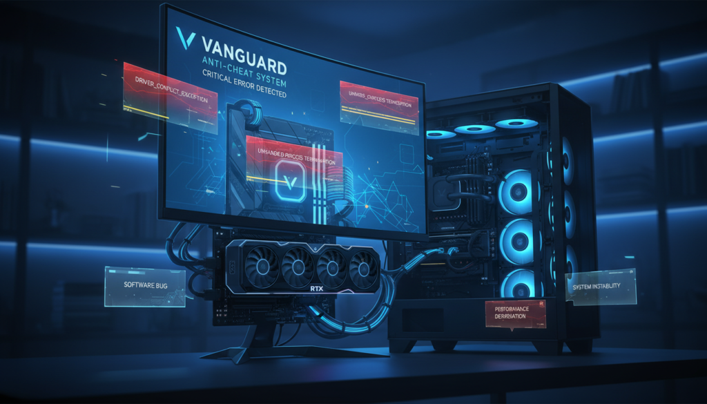 A detailed illustration depicting a high-tech computer setup focused on gaming performance, showcasing a screen with the Vanguard anti-cheat system interface. In the foreground, intricate graphics of error messages and driver conflict warnings are prominently displayed, suggesting software bug issues. The middle ground features modular hardware components such as a powerful graphics card, cooling fans, and wires, symbolizing the complexity of gaming setups. The background presents a dimly lit room with blue lighting, evoking a tense atmosphere of troubleshooting and technical challenges. The scene should be shot from a slightly elevated angle, emphasizing depth, with a shallow depth of field that blurs the background, drawing attention to the chaotic yet organized nature of the tech environment.