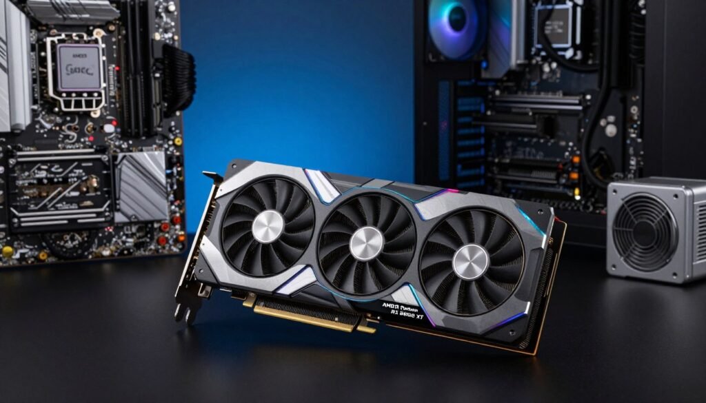 A detailed illustration of the AMD Radeon RX 8800 XT graphics card, prominently displayed in the foreground on a sleek black surface. The card is shown at an angle that highlights its robust cooling system and glowing RGB lighting accents, emphasizing its modern design. In the middle ground, include scattered computer components like a motherboard and power supply, enhancing the tech environment. In the background, a subtle gradient of blue and black gives a high-tech atmosphere. The lighting is dramatic, with soft, focused highlights illuminating the card while casting gentle shadows, creating a sense of depth. The overall mood conveys innovation and power in a professional, tech-savvy context, perfect for illustrating specifications.