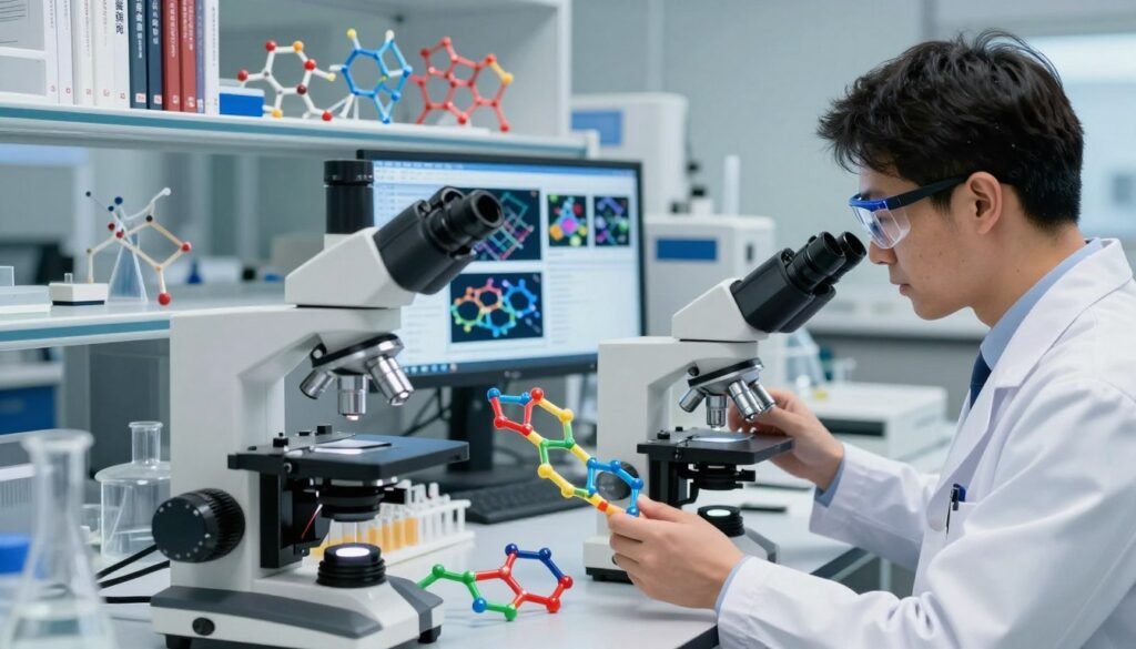A detailed illustration of the history and discovery of graphene, featuring a scientist in a modern laboratory, wearing a lab coat and safety glasses, analyzing a sheet of graphene with advanced microscopes. In the foreground, a high-tech microscope with focus on graphene's atomic structure, showcasing its unique hexagonal lattice pattern. In the middle ground, a digital display indicates various research data and images related to graphene discoveries. The background showcases laboratory shelves lined with scientific journals and models of carbon structures. Soft, focused lighting enhances the vibrant colors of the graphene, creating a sense of innovation and excitement. The overall atmosphere is one of scientific curiosity and breakthrough, inviting viewers to explore the fascinating world of this revolutionary material.