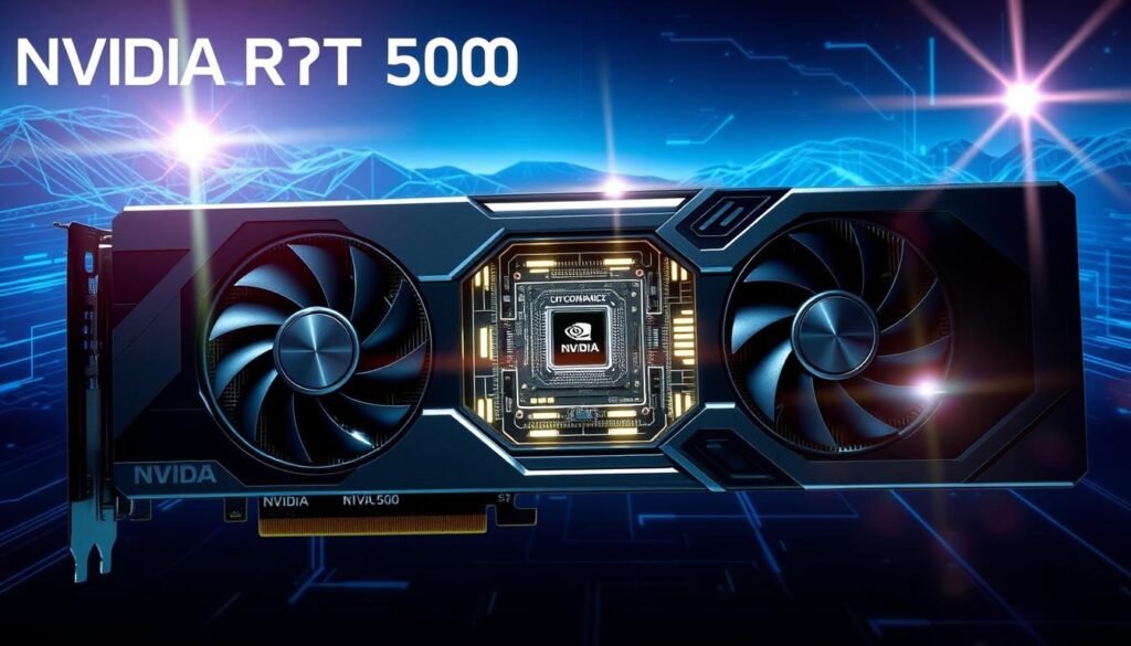 A detailed illustration showcasing the NVIDIA RTX 5000 series specifications. In the foreground, a sleek and modern GPU design is prominently displayed, with intricate details highlighting its cooling system and enhanced CUDA cores. In the middle, a high-tech, illuminated circuit board can be seen, emphasizing the advanced architecture and performance features. The background features a digital landscape with abstract, high-tech patterns, creating a futuristic ambiance. The lighting is cool and sharp, highlighting the GPU's metallic finish, while lens flare effects subtly enhance the technological vibe. The overall mood is one of innovation and cutting-edge technology, inviting the viewer to explore the powerful specifications of the RTX 5000 series.