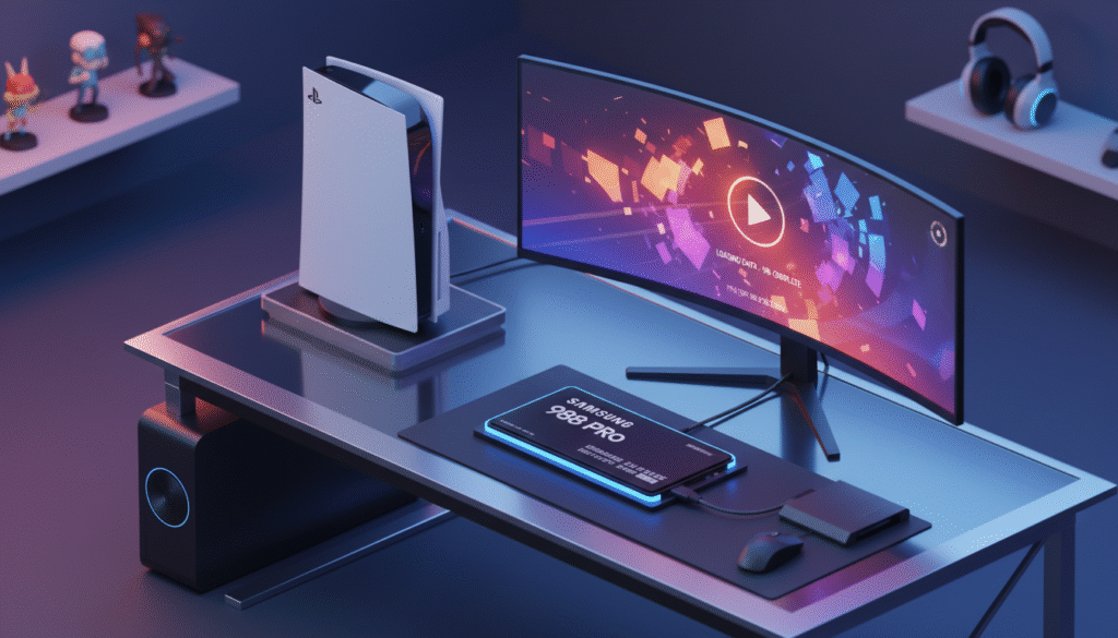 A detailed isometric illustration showcasing the Samsung 980 Pro NVMe SSD, prominently placed in the foreground on a sleek, modern gaming desk. The SSD is illuminated with a soft blue LED light, highlighting its glossy surface and sleek design. In the middle background, a PlayStation 5 console is displayed, connected to a high-resolution monitor showcasing a loading screen with vibrant graphics, symbolizing the reduced loading times. Ambient lighting simulates a dynamic gaming environment, while a subtle depth of field focuses on the SSD, creating a sense of precision and professionalism. The atmosphere evokes excitement and innovation, reflecting the groundbreaking performance of modern gaming technology. A detailed isometric illustration showcasing the Samsung 980 Pro NVMe SSD, prominently placed in the foreground on a sleek, modern gaming desk. The SSD is illuminated with a soft blue LED light, highlighting its glossy surface and sleek design. In the middle background, a PlayStation 5 console is displayed, connected to a high-resolution monitor showcasing a loading screen with vibrant graphics, symbolizing the reduced loading times. Ambient lighting simulates a dynamic gaming environment, while a subtle depth of field focuses on the SSD, creating a sense of precision and professionalism. The atmosphere evokes excitement and innovation, reflecting the groundbreaking performance of modern gaming technology.