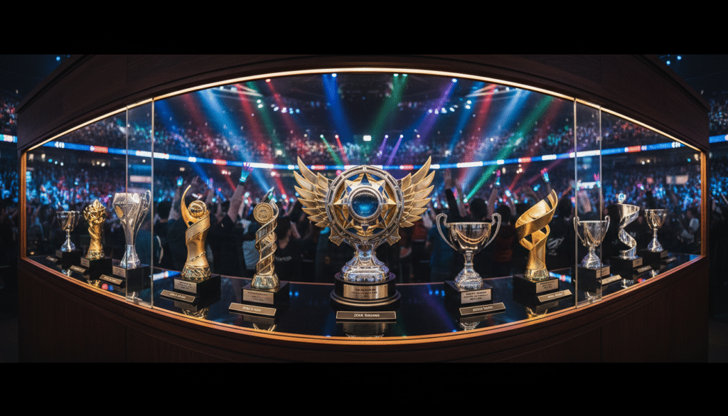 A detailed trophy case filled with prestigious awards showcasing a timeline of Dota 2 champions, prominent trophies like The International's Aegis of Champions at the forefront. The background features a soft-focus arena filled with cheering fans, illuminated by colorful lights casting an energetic atmosphere. A rich color palette of golds and silvers highlights the metallic surfaces of the trophies. The image captures a reflective glass surface beneath the awards, creating depth. A dramatic angle focuses on the trophies while leaving the audience slightly blurred, emphasizing the importance of the achievements. The overall mood is one of celebration and triumph, encapsulating the evolution of competitive gaming in a professional context. A detailed trophy case filled with prestigious awards showcasing a timeline of Dota 2 champions, prominent trophies like The International's Aegis of Champions at the forefront. The background features a soft-focus arena filled with cheering fans, illuminated by colorful lights casting an energetic atmosphere. A rich color palette of golds and silvers highlights the metallic surfaces of the trophies. The image captures a reflective glass surface beneath the awards, creating depth. A dramatic angle focuses on the trophies while leaving the audience slightly blurred, emphasizing the importance of the achievements. The overall mood is one of celebration and triumph, encapsulating the evolution of competitive gaming in a professional context.
