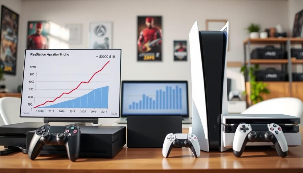 A detailed, visually engaging comparison of gaming console prices, highlighting the expected pricing for the PlayStation 6. In the foreground, display various gaming consoles, including the PlayStation 6, alongside a graph showcasing a rising price trend. The midground features a clean, modern workspace with a laptop showing price lists and graphs. The background includes subtle elements like gaming posters and shelves with consoles, conveying a gaming environment. Utilize bright, natural lighting to emphasize the consoles, with a slight focus blur on the background. Capture the atmosphere of anticipation and excitement surrounding the next generation of gaming. Use a slightly angled perspective to create depth in the image.