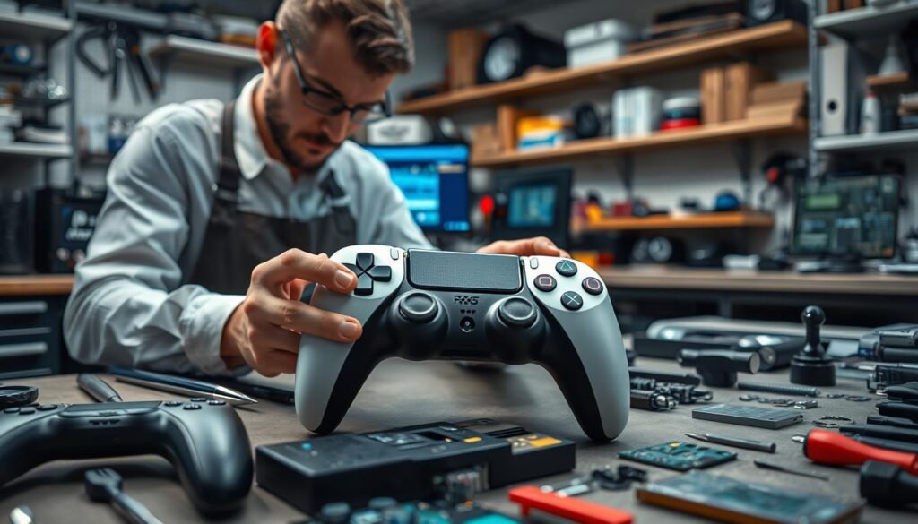 A detailed workshop scene focused on advanced PS5 controller repair techniques. In the foreground, a technician, dressed in a professional shirt and apron, is carefully examining a disassembled PS5 controller with tools laid out neatly beside them. The middle ground features various controller components, such as joysticks and circuit boards, organized for easy access. In the background, shelves filled with tools, spare parts, and a computer designed for diagnostics create a tech-savvy atmosphere. Soft, focused lighting highlights the technician's work, casting gentle shadows that emphasize the intricate details of the controller. An immersive, focused ambiance reflects a serious yet encouraging mood, ideal for exploring advanced repair methods.