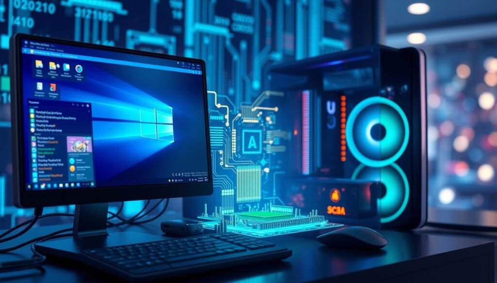 A digital illustration of a complex computer system represented as a sleek, modern desktop setup. In the foreground, display vibrant software interface windows showcasing various applications, emphasizing the role of software in computer systems. In the middle ground, a multifaceted circuit board glows with blue and green light, symbolizing connectedness and functionality. The background features abstract technology-themed graphics, like binary code and data streams, to emphasize the digital integration. Soft, ambient lighting highlights the details, while a subtle bokeh effect adds depth. The atmosphere is innovative and dynamic, representing the evolution of software’s role in optimizing system performance.