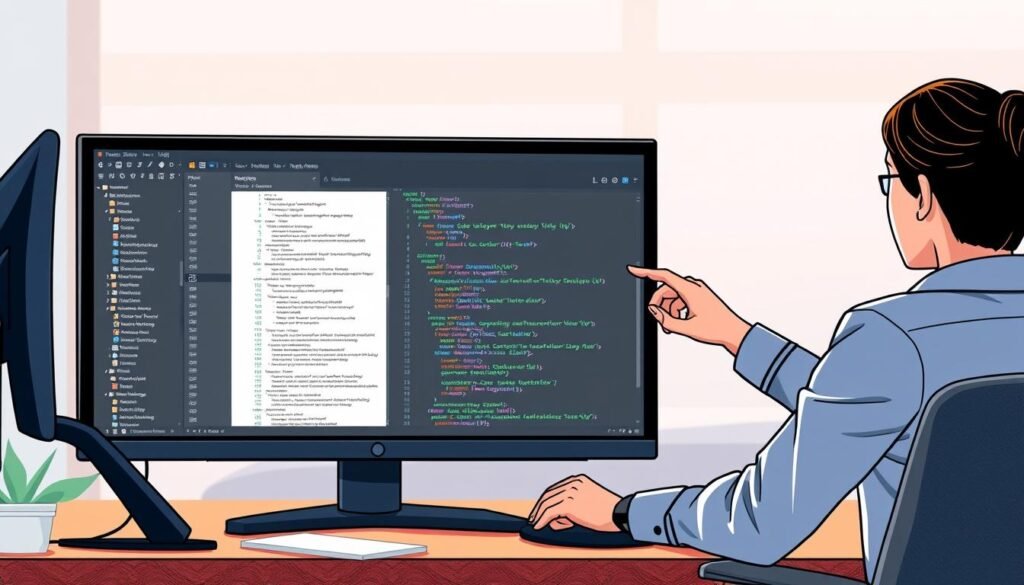 A digital workspace themed illustration depicting the concept of "NppDocShare" collaboration within Notepad++. In the foreground, a computer screen displays the Notepad++ interface with multiple user sessions highlighted, showcasing real-time collaborative editing features. In the middle, two professionals—one male and one female, dressed in smart casual attire—are sitting at a desk, intently discussing the screen, pointing at specific lines of code. The background features an office setting with soft, natural lighting filtering through a window, casting a warm glow on the scene. The mood conveys teamwork and innovation, emphasizing the functionality and connectivity of collaborative software tools. No text or overlays are present, ensuring a clean, focused visual representation.