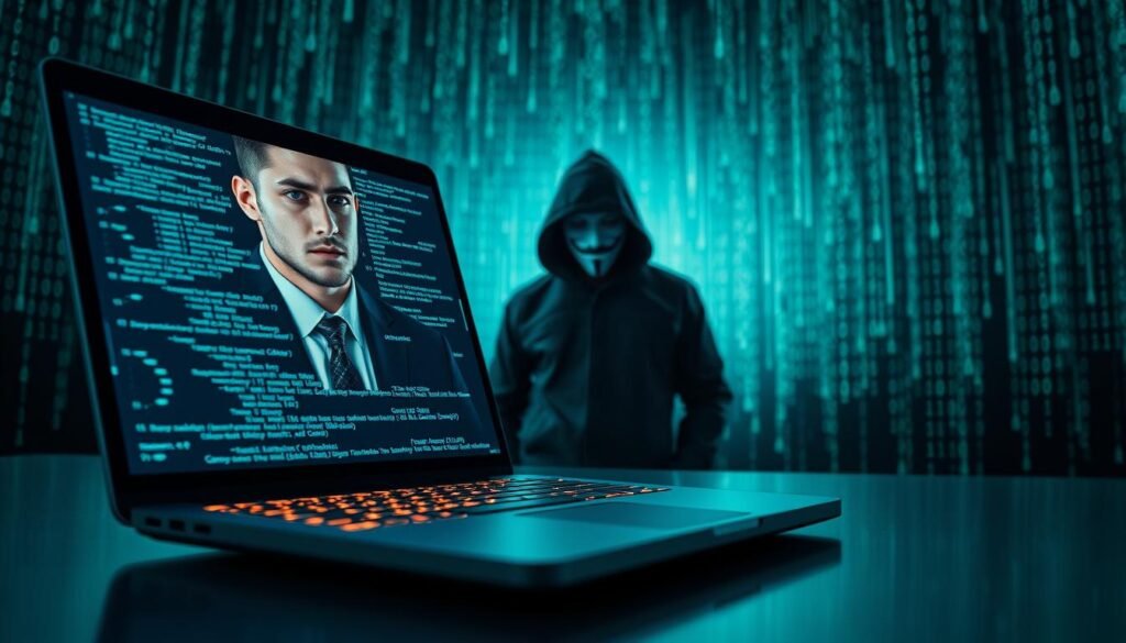 A dramatic scene depicting the controversy surrounding Termux as a hacking tool. In the foreground, a sleek laptop displaying lines of code illuminating a concerned face of a young person dressed in professional business attire, symbolizing the human element in cybersecurity debates. In the middle ground, a blurred figure representing an anonymous hacker, cloaked in shadows, emphasizes the themes of secrecy and threat. The background features a digital landscape filled with binary code cascading like rain, signifying the overwhelming nature of cybersecurity risks. Soft blue and green lighting creates a tense atmosphere, highlighting the complexities and anxieties surrounding technology. The angle is slightly tilted upward, giving a sense of urgency and importance to the issue at hand.