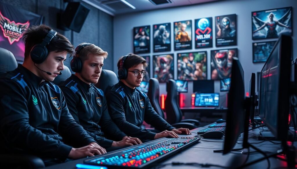 A dramatic scene showcasing a professional esports team, sitting together in a modern gaming studio, their expressions reflecting concern and contemplation over their recent performance decline in Mobile Legends. In the foreground, the team members, dressed in sleek, professional gaming jerseys, lean towards their glowing screens displaying gameplay statistics and team charts, conveying a sense of urgency and reflection. The middle ground includes various gaming equipment: high-end computers, vibrant LED lights illuminating the room, and posters of their past victories in the background, which contrast with the current atmosphere of uncertainty. Soft, focused lighting envelops the scene, highlighting the intensity of the moment, while shadows hint at the challenges they face. The overall mood is tense yet hopeful, capturing the essence of a pivotal moment in their esports journey.