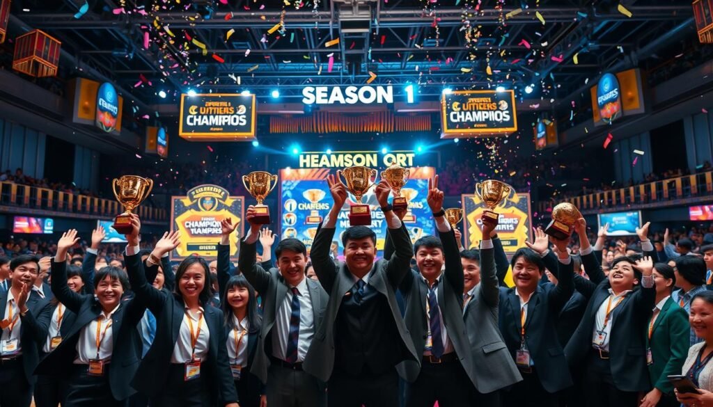 A dynamic and engaging scene representing a competitive rewards ceremony from "Season 1" of a fictional game. In the foreground, a diverse group of players, dressed in professional business attire, are enthusiastically holding up trophies and rewards with expressions of excitement and accomplishment. In the middle ground, a decorated stage features extravagant banners and illuminated displays showcasing championship titles and rewards, with vibrant lighting casting a warm glow over the scene. The background reveals an enthusiastic audience, cheering and celebrating in a spacious hall filled with colorful decorations, confetti falling from above. The atmosphere is electric, conveying the thrill of competition and achievement, captured with a bright and dynamic lens, creating depth and focus on the players and awards.