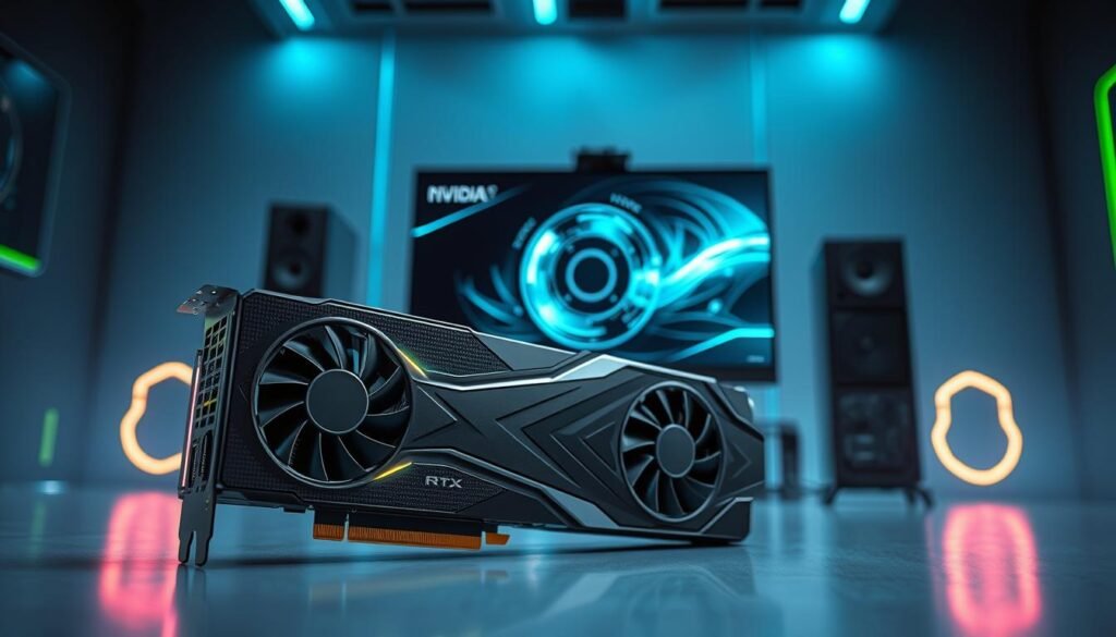A dynamic and futuristic digital artwork showcasing the NVIDIA RTX 5000 graphics card prominently in the foreground, capturing its sleek design with a high-tech aesthetic. The card should feature intricate details like glowing LED lights and fine textures that reflect advanced cooling systems. In the middle ground, a stylish computer setup displays a high-resolution monitor that highlights an abstract graphic of rumored CUDA cores, illustrating the concept of increased performance. The background should be a modern, tech-inspired environment with soft blue and green lighting that evokes an innovative atmosphere. Use a slight low-angle perspective to emphasize the power of the RTX 5000, while maintaining a sleek and professional look throughout the composition. Ensure the scene is well-lit and visually engaging, perfect for capturing interest without any text or branding.