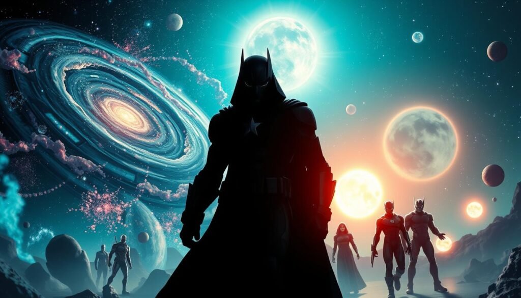 A dynamic and vibrant scene featuring hidden Marvel characters in a cosmic setting, inspired by the "Cosmic Invasion" theme. In the foreground, a shadowy silhouette of a lesser-known Marvel hero stands boldly, their identity hinted at through unique costume details. The middle ground showcases swirling cosmic nebulae and distant galaxies with sparkling stars, creating an expansive universe backdrop. Glowing energy waves pulse around the characters, indicative of an impending cosmic battle. The sky transitions from deep indigo to bright teal, illuminated by the shimmering light of multiple suns. The atmosphere feels tense yet exhilarating, embodying the mystery and thrill of hidden cameos. Capture this with a cinematic angle that highlights the vivid colors and intricate details, using dramatic lighting to emphasize the featured characters without any text or markings.