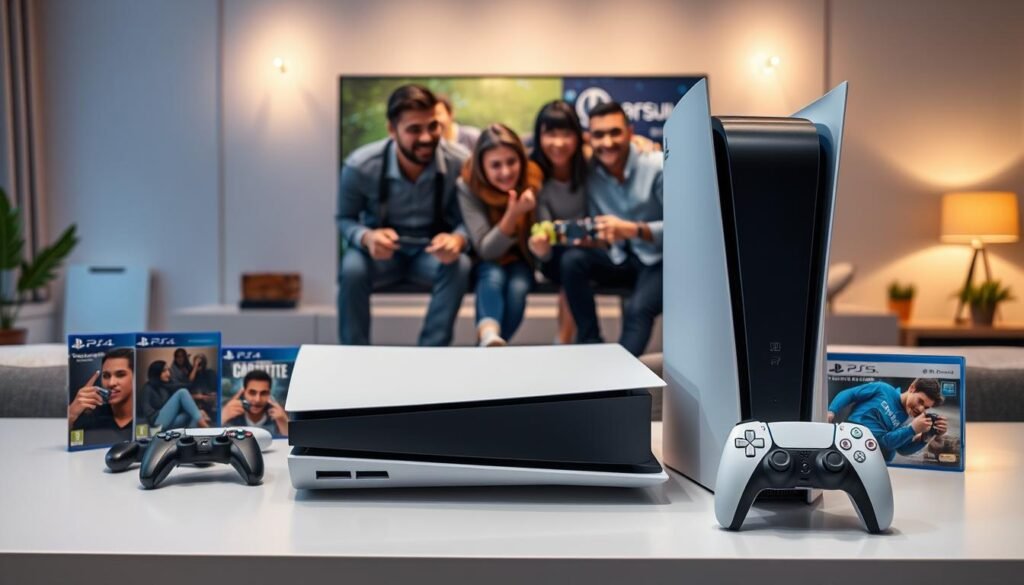 A dynamic composition showcasing a PlayStation 5 console prominently displayed in the foreground, surrounded by games and accessories that highlight its features. The middle layer features a diverse group of four gamers, dressed in smart casual attire, joyfully playing together, emphasizing the console's social aspect. In the background, a modern living room with soft, ambient lighting creates a cozy atmosphere, with a large screen displaying a vibrant gaming scene. Add a touch of realism with reflections on the console and subtle light effects to enhance the mood. Capture a sense of excitement and togetherness, illustrating how these elements contribute to the PS5's strong sales performance. Use a slightly elevated angle to give a comprehensive view of the scene.