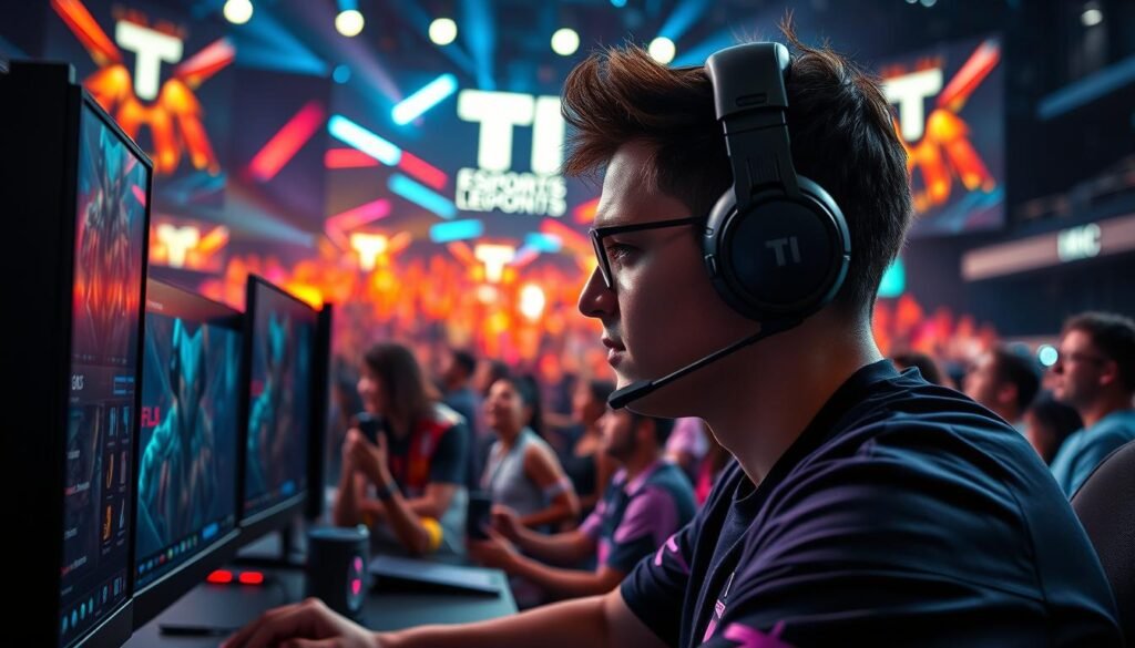 A dynamic esports scene featuring a professional League of Legends match. In the foreground, a focused player wearing a sleek headset, dressed in a stylish esports jersey, intensely stares at multiple high-resolution monitors displaying vibrant in-game action. The middle ground shows a cheering audience, illuminated by colorful stage lights, with excitement and energy radiating from their expressions. The background features a large LED screen showcasing the T1 esports logo, flanked by flashing lights and visual effects that evoke a sense of competitive thrill. The atmosphere is electric, captured in a close-up angle that highlights the player's determination. Use dramatic lighting to enhance the intensity of the moment, with soft shadows to add depth to the scene.