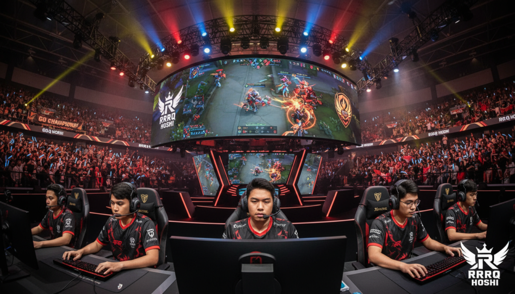 A dynamic esports scene featuring an electrifying arena filled with cheering fans, vibrant lights, and large screens showcasing the RRQ Hoshi logo. In the foreground, a diverse group of professional players dressed in sleek esports jerseys concentrate intently on their screens, embodying a spirit of determination and teamwork. The middle layer displays the intense gameplay, highlighting a pivotal moment where RRQ Hoshi faces off against an opponent in a crucial World Championship match. The background captures the grandeur of the event, with colorful banners and an energetic crowd illuminated by dramatic spotlights. The atmosphere is intense and competitive, evoking a sense of urgency and high stakes, framed from a slightly low angle to emphasize the players' focus and the electric ambiance of the championship.