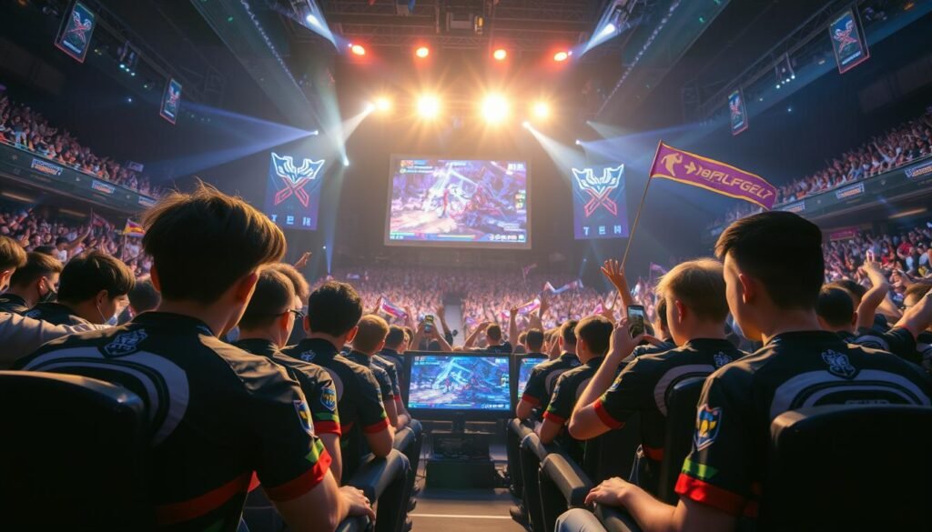 A dynamic esports tournament scene featuring an intense and competitive atmosphere, showcasing a crowded arena filled with enthusiastic fans. In the foreground, two teams of diverse, focused players clad in professional gaming jerseys are intensely engaged in a Mobile Legends match, their eyes fixed on the screens. The middle ground reveals a large high-definition screen displaying the ongoing gameplay, with colorful visual effects illustrating skills and abilities. The background captures roaring fans waving banners and flags, their excitement palpable. Bright LED lights and spotlights illuminate the scene, creating a vibrant and electric energy, while a slight lens flare adds a cinematic touch. The mood is tense yet exhilarating, reflecting the high stakes of competitive gaming and external pressure influencing team performances.