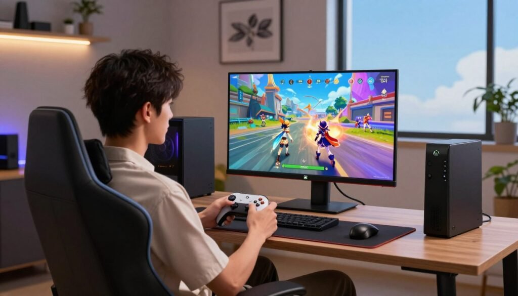 A dynamic gaming scene capturing a player immersed in Xbox Cloud Gaming on a sleek console setup. The foreground features a focused young adult in professional casual attire, sitting comfortably in a modern gaming chair, holding a game controller. The middle showcases a high-resolution screen displaying vibrant, action-packed gameplay from Genshin Impact, with colorful graphics and engaging characters vividly depicted. In the background, a well-organized gaming room environment enhances the atmosphere, complete with ambient LED lighting, tasteful decor, and a window showing a clear blue sky, indicating a sunny 5G connection benefit. The scene is illuminated with soft, focused lighting to create a warm, inviting feel, highlighting the excitement of daily gaming with cloud technology.