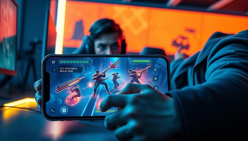A dynamic gaming scene showcasing the experience of flagship chipsets, featuring a sleek gaming smartphone prominently in the foreground with its screen displaying an intense, colorful game. The middle ground includes a professional gamer focused intently, wearing modern casual attire, showcasing excitement and engagement during gameplay. The background is a high-tech gaming setup, highlighted by ambient LED lighting in cool tones, creating a futuristic atmosphere. The lighting is soft yet vibrant, highlighting the details of the smartphone and the gamer’s expression. The angle is slightly above eye level, providing an immersive perspective. The mood is energetic and focused, encapsulating the thrill of high-performance gaming. A dynamic gaming scene showcasing the experience of flagship chipsets, featuring a sleek gaming smartphone prominently in the foreground with its screen displaying an intense, colorful game. The middle ground includes a professional gamer focused intently, wearing modern casual attire, showcasing excitement and engagement during gameplay. The background is a high-tech gaming setup, highlighted by ambient LED lighting in cool tones, creating a futuristic atmosphere. The lighting is soft yet vibrant, highlighting the details of the smartphone and the gamer’s expression. The angle is slightly above eye level, providing an immersive perspective. The mood is energetic and focused, encapsulating the thrill of high-performance gaming.