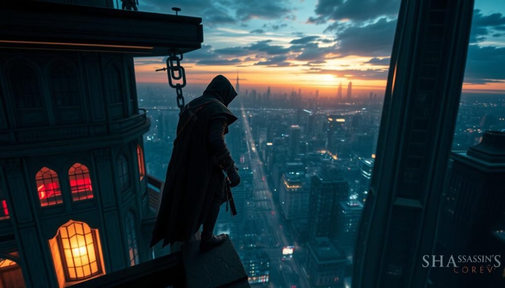 A dynamic scene capturing the essence of "Assassin's Creed Shadows", featuring a sleek, modern cityscape at dusk. In the foreground, a cloaked assassin perched on a high ledge, surveying the vibrant neon lights below, embodies stealth and determination. The middle ground reveals intricate architectural structures with hints of historical elements, blending old and new, indicative of the game’s rich narrative. The background showcases a sprawling city skyline, illuminated by a dramatic sunset, casting deep shadows that enhance the mystery of the night. The atmosphere is tense yet exhilarating, evoking a sense of adventure and intrigue. Utilize moody lighting with high contrast to bring out the details of the assassin's cloak and the intricate designs of the architecture, captured with a cinematic angle that emphasizes depth and perspective.