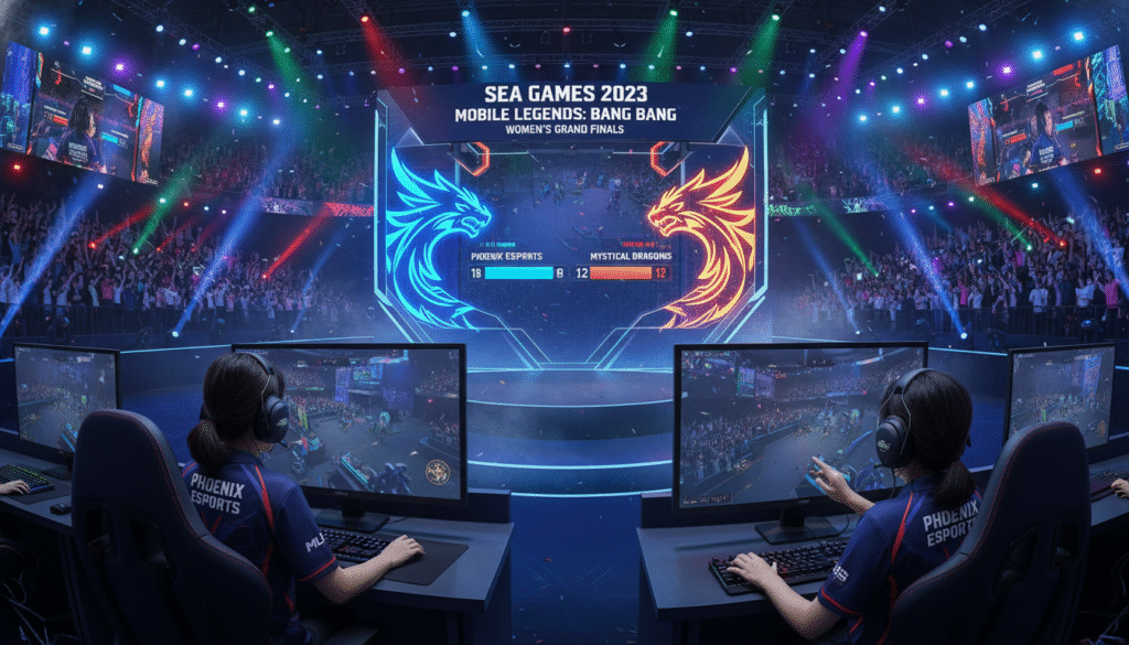 A dynamic scene depicting a Mobile Legends: Bang Bang women's esports match in progress, showcasing intense action and competitive spirit. In the foreground, two female gamers in professional esports jerseys, focused and determined, are engaged in gameplay, their expressions reflecting concentration and teamwork. The middle ground features a digital scoreboard displaying match statistics and team names, with vibrant colors and dynamic graphics. The background is a packed esports arena filled with cheering fans, illuminated by colorful lights and high-tech screens broadcasting the event. The overall atmosphere is electrifying and vibrant, capturing the excitement of the SEA Games 2023. Utilize bright but balanced lighting to highlight the players and the gaming setup, with a slightly wide-angle perspective to convey the energy and scale of the event.