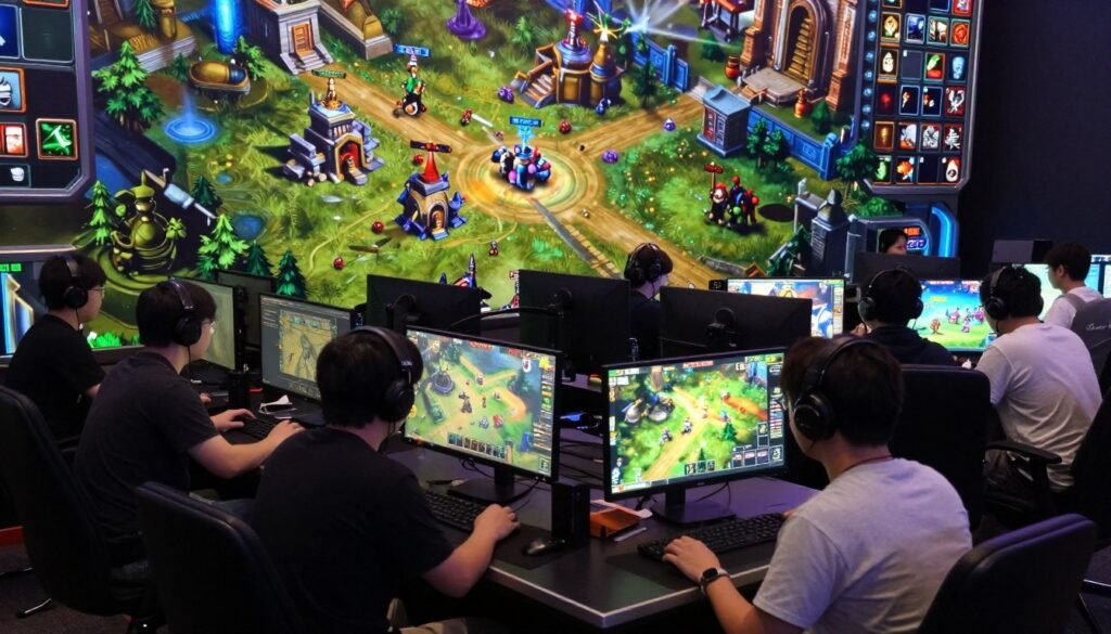 A dynamic scene depicting an intense real-time strategy (RTS) gaming environment inspired by classic games like Starcraft and Age of Empires. Foreground features a diverse group of gamers, focused and engaged, wearing casual yet professional attire, intently strategizing over their computers, vibrant screens displaying intricate battles and troop formations. In the middle ground, detailed imagery of resource gathering, building construction, and engaging in tactical warfare, with unit icons and terrain variations visible. Background filled with a mix of futuristic sci-fi elements and historical architecture, blending the themes of technology and ancient civilization. Lighting is bright and immersive, casting dramatic shadows to emphasize concentration, with a slight tilt-angle perspective to enhance the dynamic feel of teamwork and strategic planning in a competitive atmosphere.