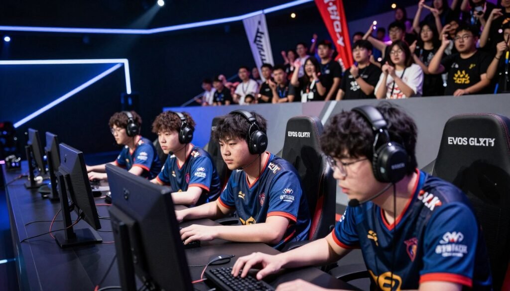 A dynamic scene depicting the EVOS Glory team from Mobile Legends in an intense battle setting. In the foreground, focus on a diverse, professional esports team composed of five players, each wearing matching sleek, modern team jerseys in vibrant colors, intently strategizing in front of their gaming setups. Capture their expressions of determination and teamwork. The middle ground features a high-tech gaming arena with LED lights illuminating the space, enhancing the competitive atmosphere. In the background, display a cheering crowd with banners and flags supporting EVOS Glory, creating an energetic vibe. The lighting should be dramatic, with spotlights focusing on the players. Use a wide-angle lens to capture the entirety of this thrilling esports environment, evoking excitement and anticipation for the upcoming match. A dynamic scene depicting the EVOS Glory team from Mobile Legends in an intense battle setting. In the foreground, focus on a diverse, professional esports team composed of five players, each wearing matching sleek, modern team jerseys in vibrant colors, intently strategizing in front of their gaming setups. Capture their expressions of determination and teamwork. The middle ground features a high-tech gaming arena with LED lights illuminating the space, enhancing the competitive atmosphere. In the background, display a cheering crowd with banners and flags supporting EVOS Glory, creating an energetic vibe. The lighting should be dramatic, with spotlights focusing on the players. Use a wide-angle lens to capture the entirety of this thrilling esports environment, evoking excitement and anticipation for the upcoming match.