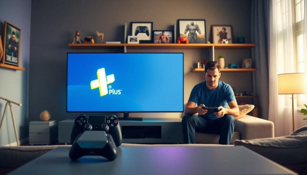 A dynamic scene illustrating a vibrant gaming environment where two distinct gaming subscription services, PlayStation Plus and Xbox Game Pass, are highlighted. In the foreground, a modern living room features a sleek gaming console displaying iconic logos of both services on a large flat-screen TV. In the middle ground, a cozy sofa is occupied by two gamers, one dressed in casual attire with a PlayStation controller and the other in a T-shirt showcasing Xbox, both immersed in gameplay. The background reveals a stylish shelf filled with gaming collectibles and artwork inspired by popular games. Soft, colorful lighting emanates from the TV, casting a warm glow over the scene, creating an inviting atmosphere that exudes excitement and camaraderie among gamers.