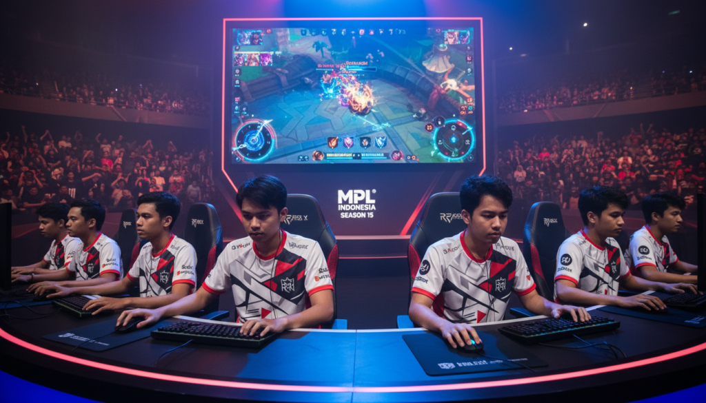 A dynamic scene showcasing RRQ Hoshi, the renowned esports team from Mobile Legends, in action during MPL ID Season 15. In the foreground, depict five skilled young players with focused expressions, dressed in sleek esports jerseys, illuminated by colorful stage lights reflecting the excitement of a live tournament. The middle layer features a large digital screen displaying a tense match scenario, with vibrant graphics and colorful animations representing the game elements. In the background, a large audience with cheering fans, bathed in atmospheric lighting, adds depth and energy. Use a low-angle shot to emphasize the players' intensity and the grandeur of the event. The mood should convey a sense of anticipation and competitive spirit, encapsulating the essence of esports.