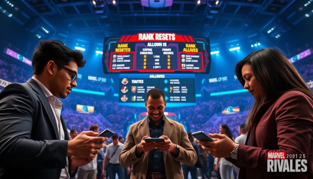 A dynamic scene showcasing the competitive evolution within Marvel Rivals, highlighting a diverse group of players engaged in strategic gameplay. In the foreground, three players of various ethnicities, dressed in smart casual attire, intensely discussing their strategies, with their gaming devices in hand. The middle ground features a large digital scoreboard displaying rank resets and accolades, illuminated with vibrant colors, showcasing the latest competitive achievements. In the background, a futuristic gaming arena filled with spectators, bathed in soft blue and purple lighting, creates an immersive atmosphere. The angle captures a slightly elevated view, emphasizing the excitement and energy of the competitive gaming environment. The overall mood is one of anticipation and camaraderie, reflecting the spirit of friendly rivalry.