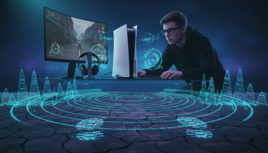 A dynamic visualization of audio waves emanating from footsteps in a video game environment, highlighting the intricacies of footstep audio clarity in shooter games. In the foreground, focused audio waveforms radiate from stylized, realistic digital footprints on a textured ground surface, showcasing sound movement. The middle ground contains a dimly lit, high-tech gaming setup featuring a PS5 console, with visual indicators of sound enhancement technology glimmering softly. The background portrays a gamer, dressed in casual attire, immersed in gameplay, surrounded by an atmospheric blend of deep blues and purples, creating an intense yet immersive ambiance. The composition should emphasize clarity and precision, with focused lighting illuminating the audio waves, while the overall mood conveys excitement and focus in gaming.