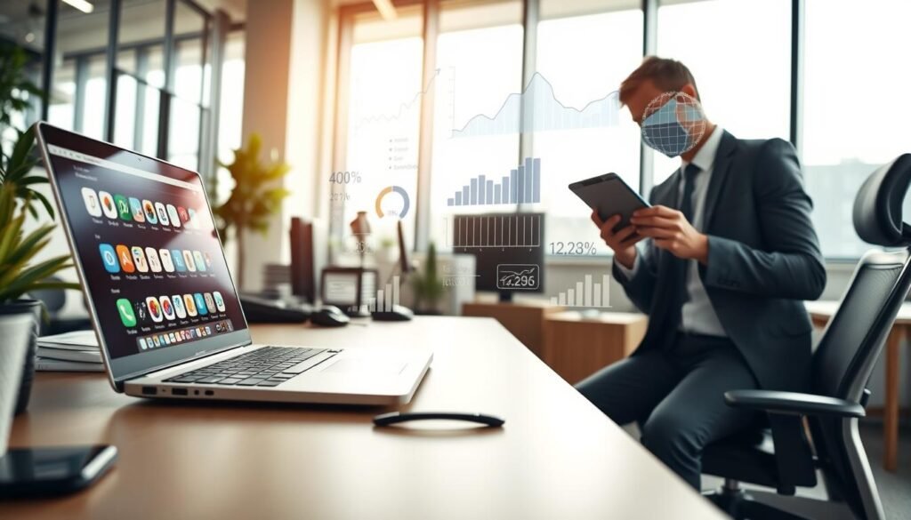 A dynamic workspace showing the impact of device performance on productivity. In the foreground, an ergonomic desk with a sleek laptop displaying a vibrant user interface and various app shortcuts. To the right, an individual in professional attire is actively engaged in multitasking, using a tablet and a smartphone, demonstrating effective time management. In the middle ground, visual graphs and charts are suspended in the air, showcasing data trends and performance metrics related to Android 15 shortcuts. The background features a modern office with large windows allowing natural light to flood in, casting a soft glow over the scene. The atmosphere is energetic yet focused, highlighting the potential benefits of improved technology. Use a slightly wide-angle lens to capture the entire workspace, ensuring clarity and detail in each element without any text overlays or distractions.