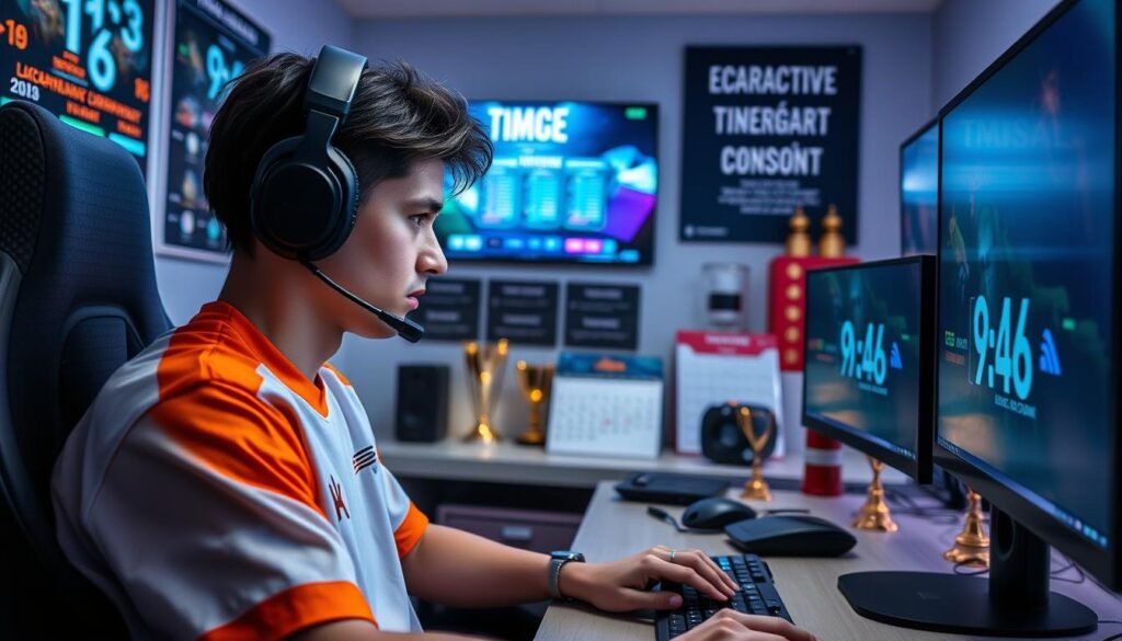 A focused esports player in a modern gaming setup, wearing a sleek, professional gaming headset and team jersey, deeply engaged in a strategy session. In the foreground, the player is analyzing multiple screens displaying game statistics and schedules, surrounded by motivational posters about time management. The middle ground features gaming equipment like a high-end gaming chair and colorful LED lights. The background shows a tidy workspace with gaming trophies and an inspirational calendar. Soft, focused lighting highlights the player's concentration, conveying a hardworking and serious atmosphere. The scene is captured from a slight angle above, emphasizing the dynamic and intense environment of esports management.